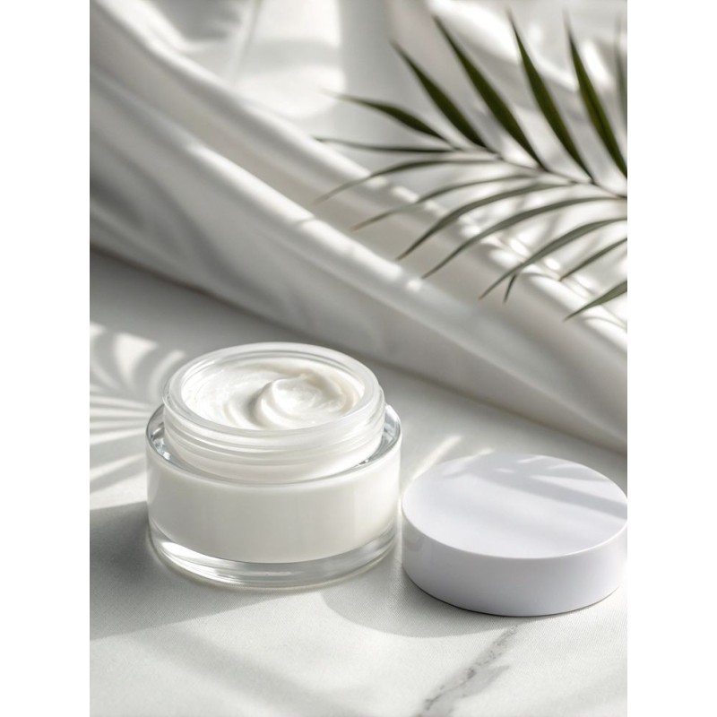 Pot de crème végane pour le visage dans un décors blanc